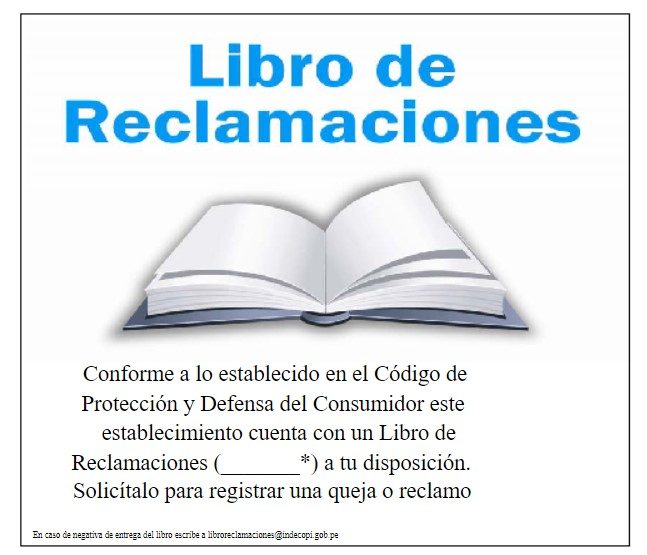 Cartel anunciador del libro de reclamaciones Perú