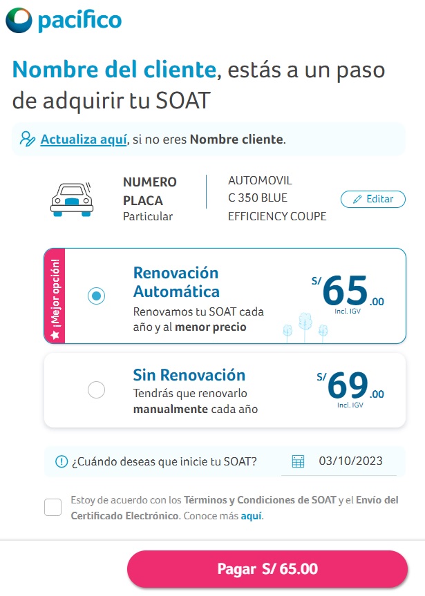SOAT Pacifico digital con o sin renovación automática